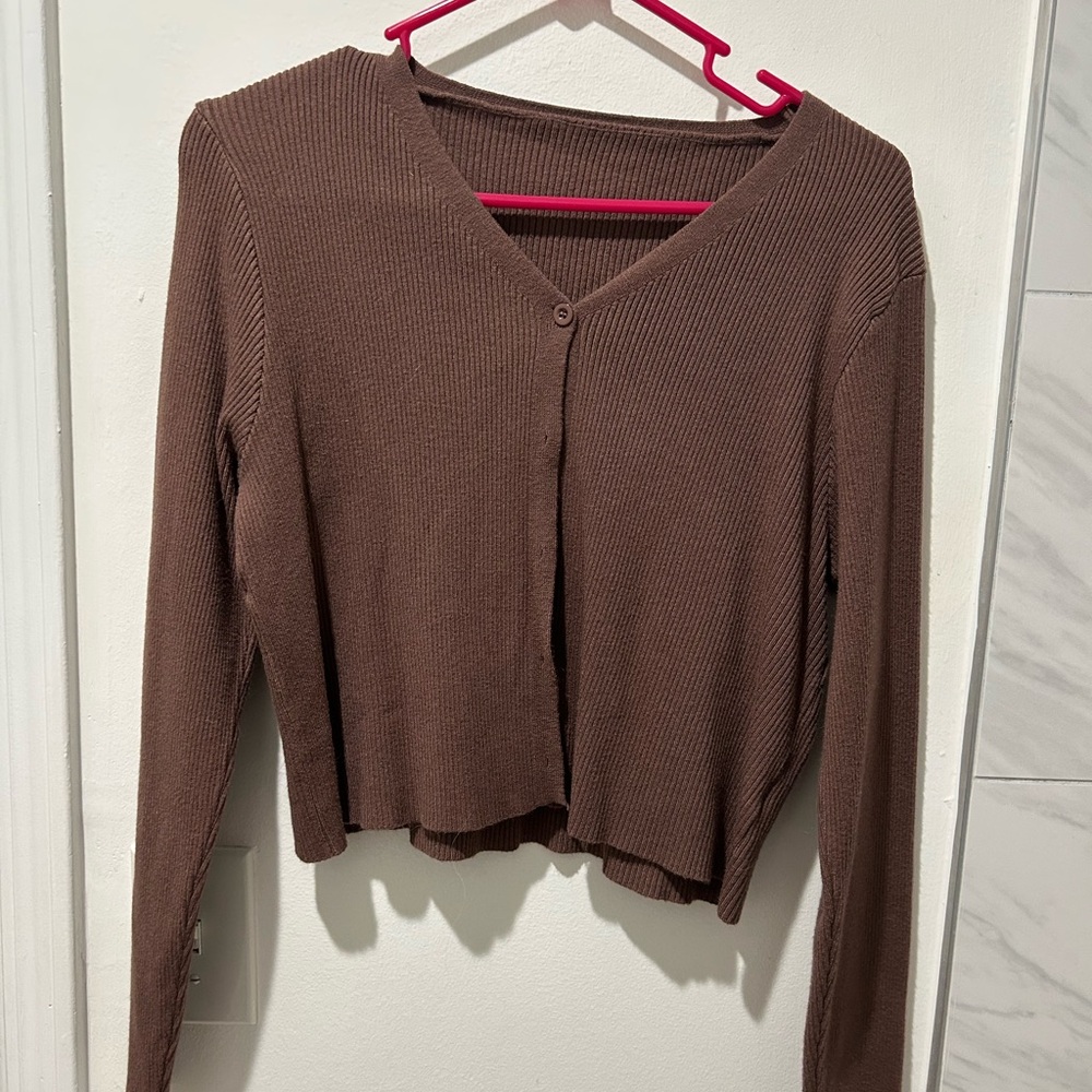 🐻🤎 Ribbed V-Neck Cropped Brown Cardigan